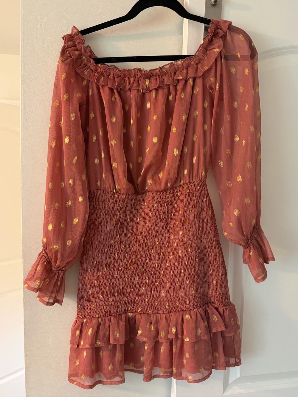 Rust Long-Sleeve Off-Shoulder Dress with Gold Foil Detail